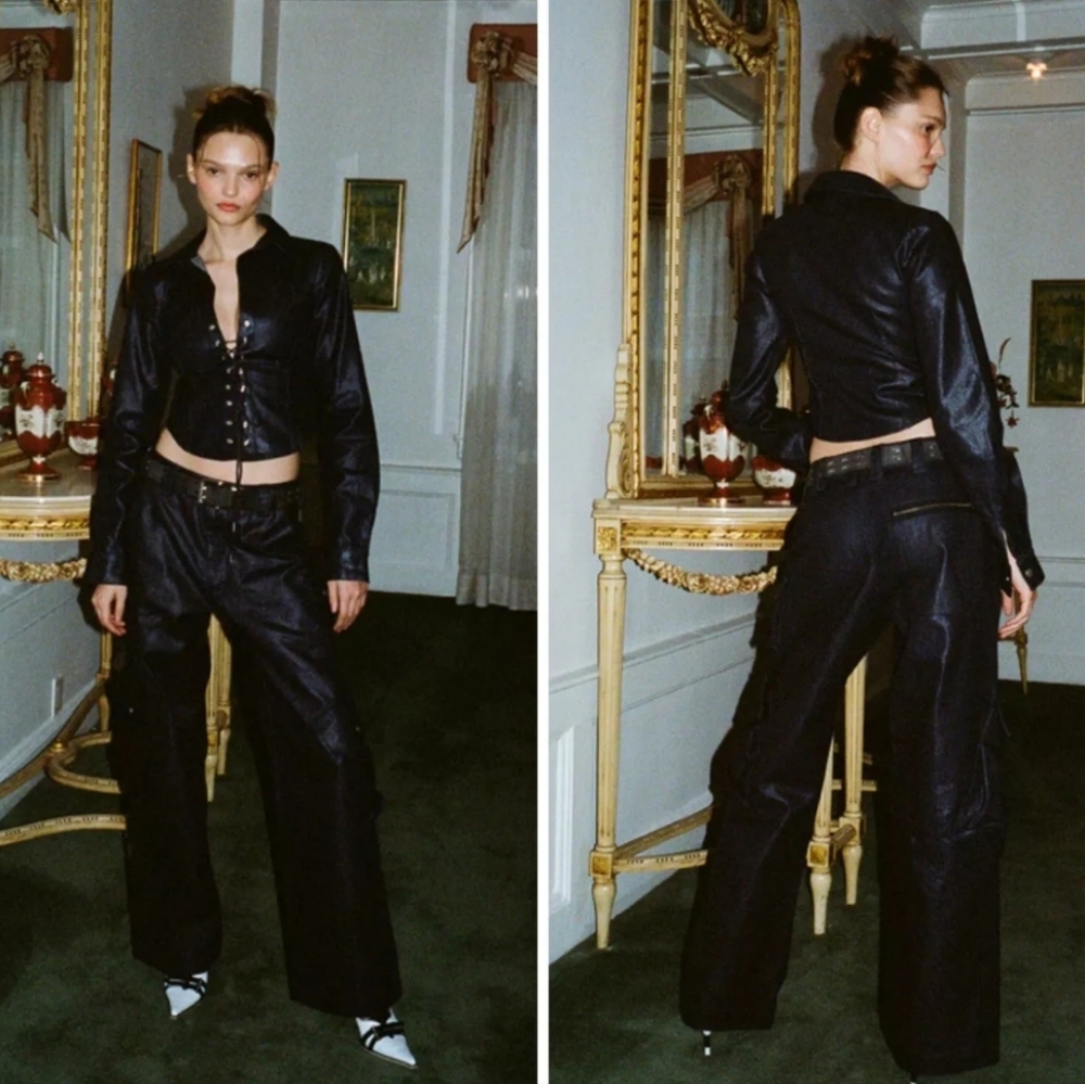 WITH JEAN Waxed Rain Blue Denim Wide Leg Cargo Pants Large